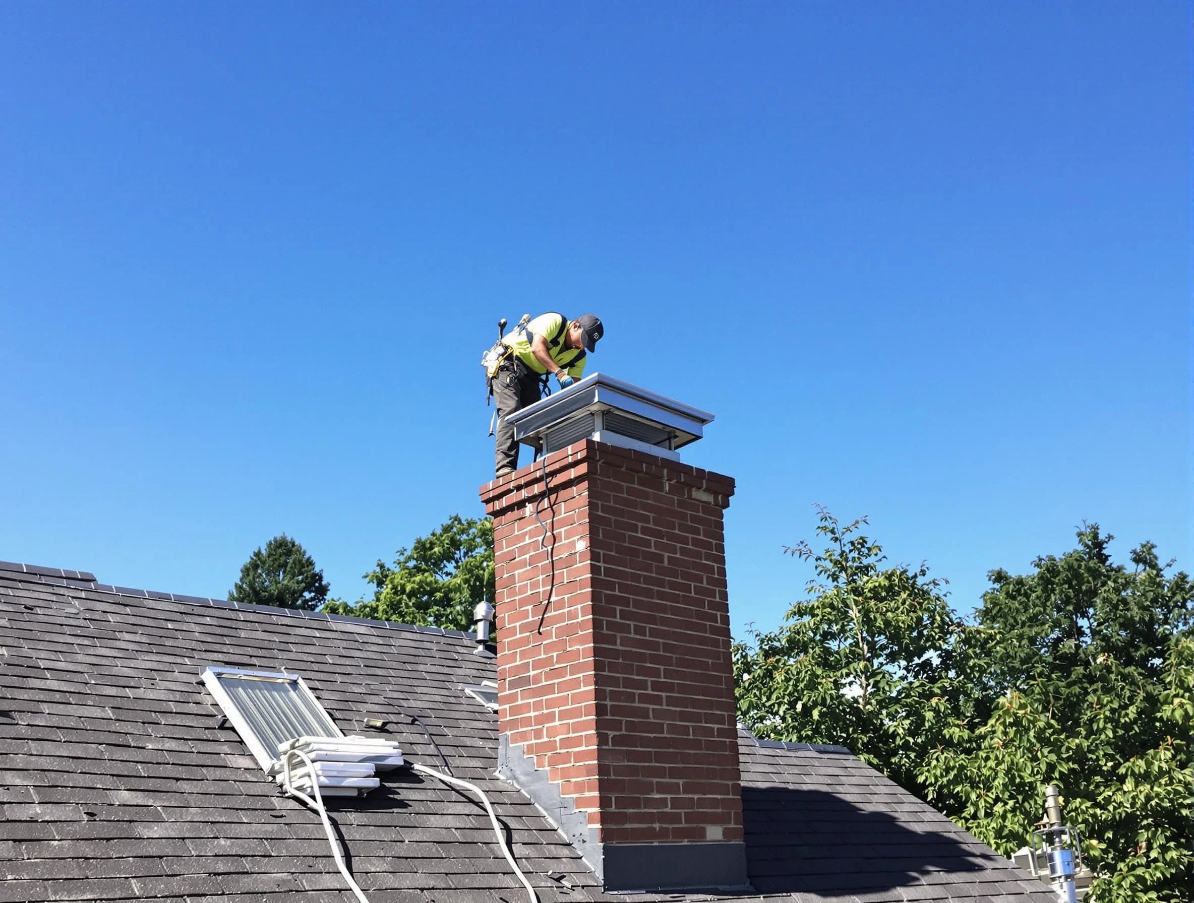 Trussville Chimney Sweep technician measuring a chimney cap in Trussville, AL