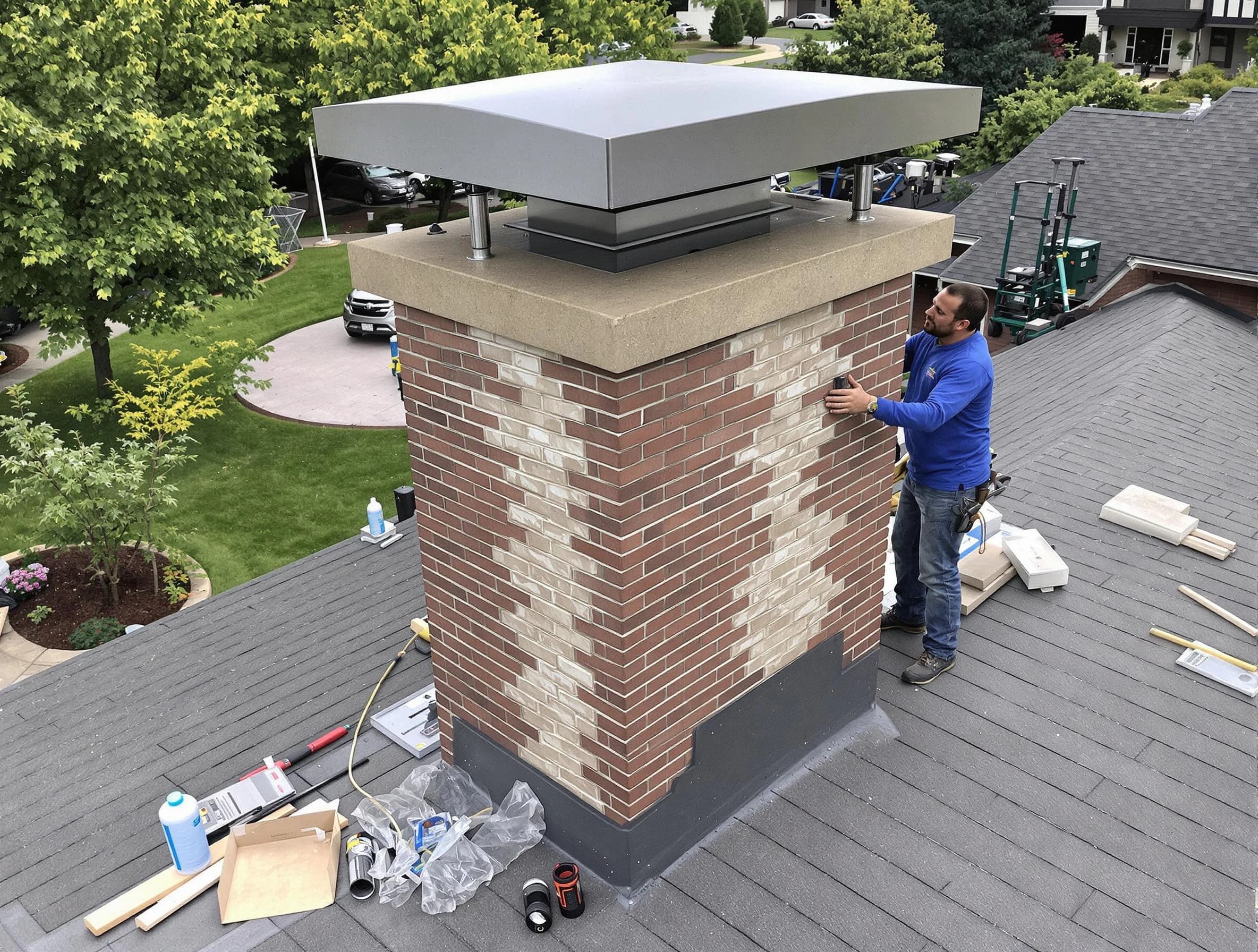 Trussville Chimney Sweep team working on a custom chimney remodel in Trussville, AL